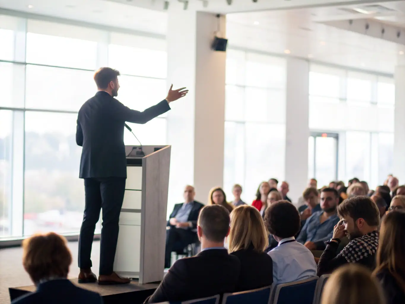 A photograph of a business conclave in Edinburgh, featuring a keynote speaker addressing a large audience, with Scottish business themes in the background.