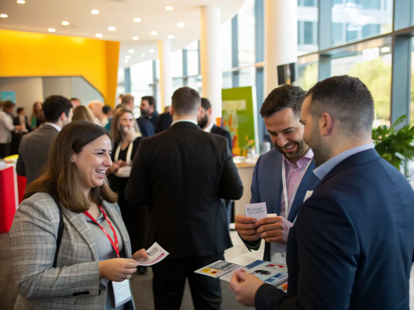 A photograph of a networking event at a BizConclave UK conference, showing attendees engaging in conversations and exchanging business cards.