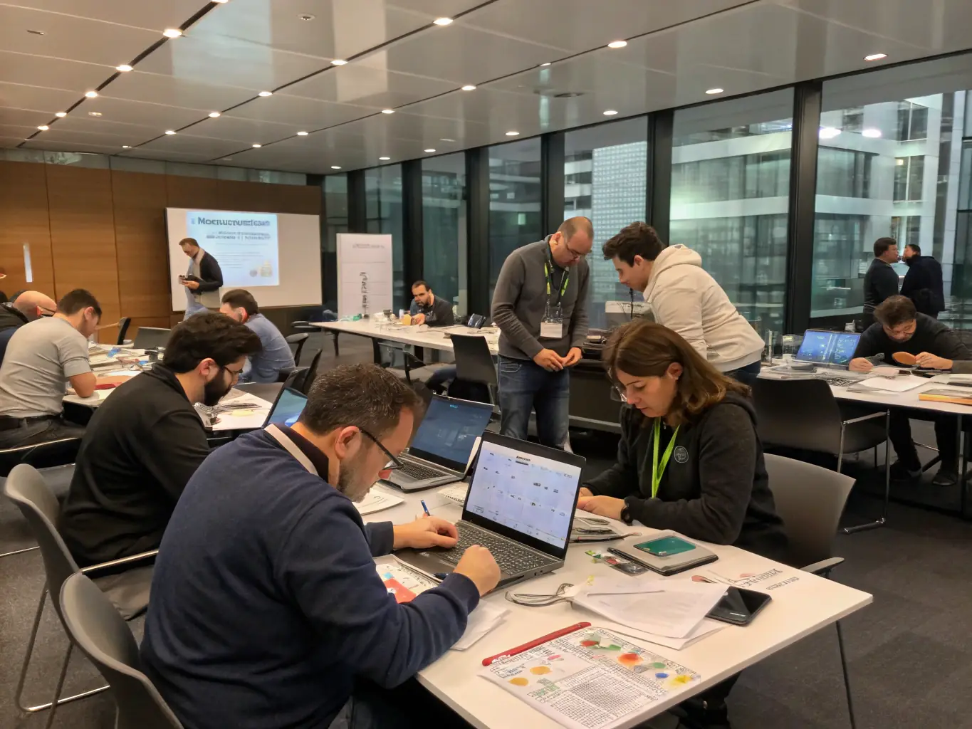 A photograph of a workshop session at a BizConclave UK conference, with participants actively involved in a hands-on activity.