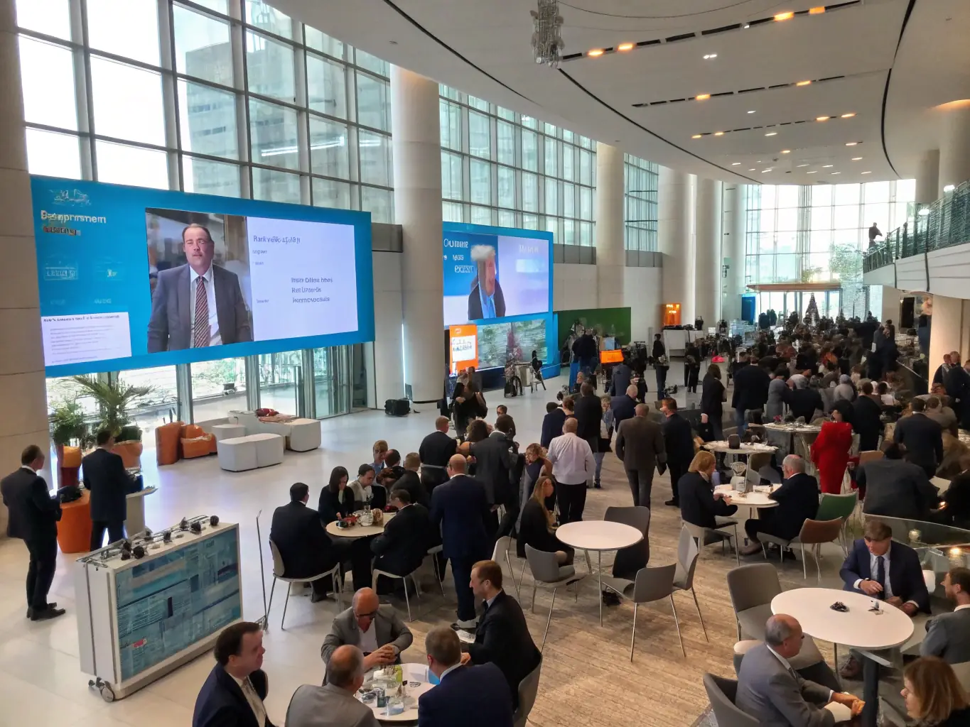 A photograph of a modern conference hall in London, with attendees networking and a speaker presenting on stage, reflecting a high-profile business conclave.