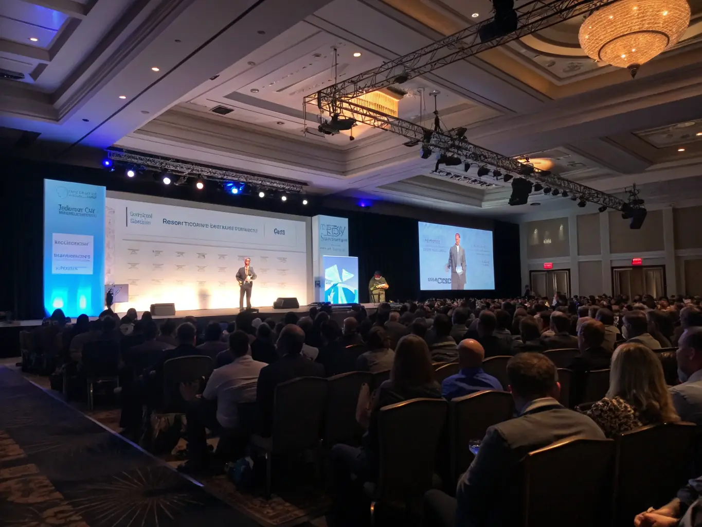 A photograph of a conference hall during a keynote speech, with attendees actively listening and taking notes, capturing the essence of a BizConclave UK event.