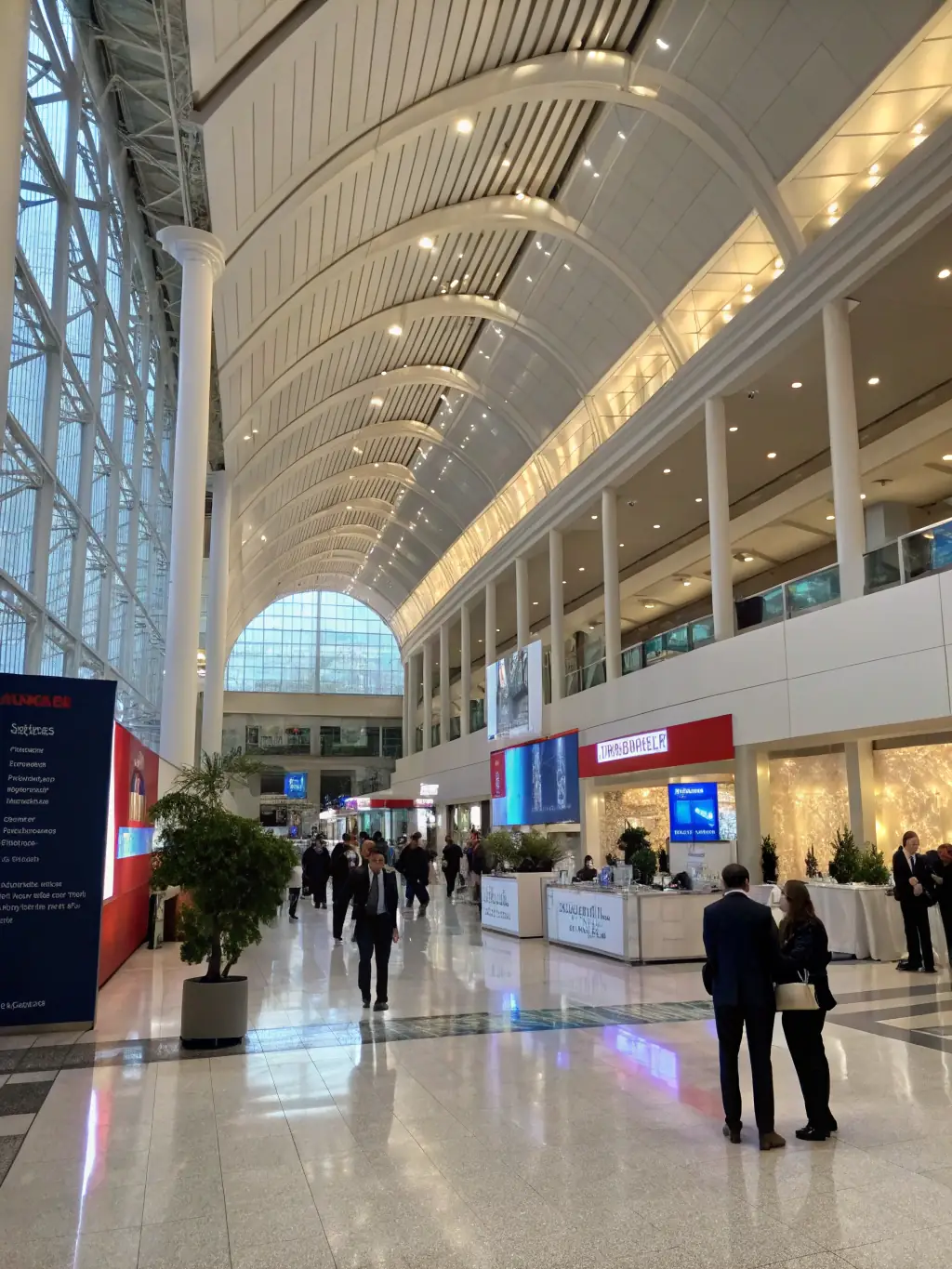A photograph of the BizConclave UK venue, showcasing its modern architecture and spacious conference halls, with attendees networking in the background.