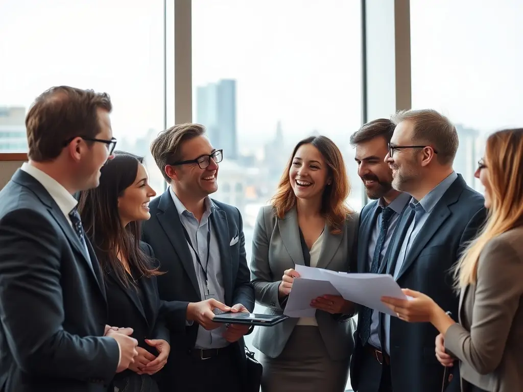 An image depicting a business conference in Manchester, showcasing a diverse group of professionals engaged in a panel discussion.